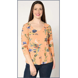 Attitudes By Renee Como Jersey Top Size XL Orange Floral V Neck Bohemian Stretch